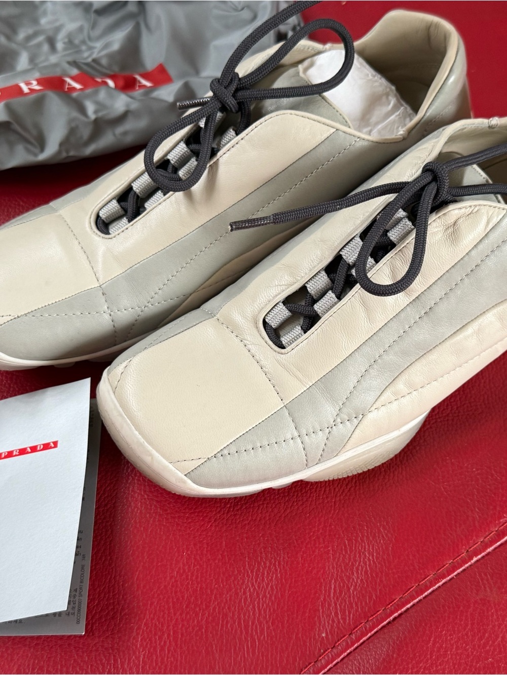 Prada Cream Leather Sneakers with Gray Laces